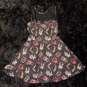 Sourpuss Black Strapless Fit-and-Flare Dress with Red & Yellow Graphic Print